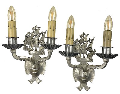 Pair of Antique Nickel Plated Nautical Galleon Ship Wall Sconces - Circa 1930