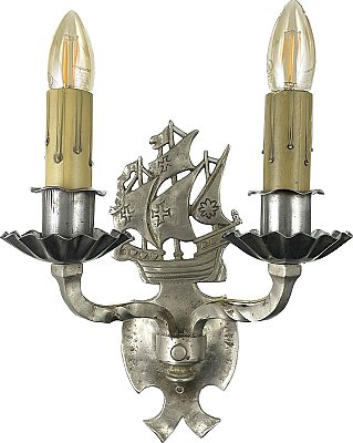 Pair of Antique Nickel Plated Nautical Galleon Ship Wall Sconces - Circa 1930