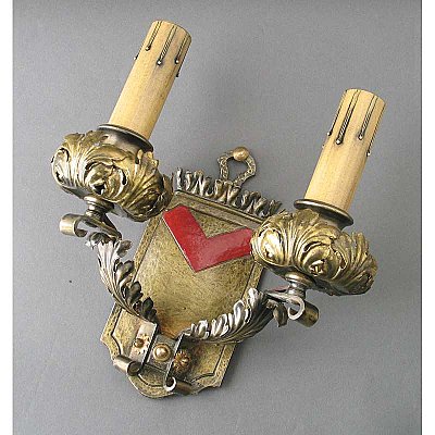 Antique Cast Brass Old English Heraldic Double Arm Wall Sconce - Circa 1930