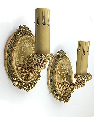 Antique Pair of Gutta Percha Pastel Floral Wall Sconces Circa 1910
