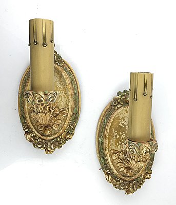 Antique Pair of Gutta Percha Pastel Floral Wall Sconces Circa 1910