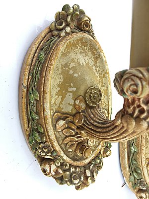 Antique Pair of Gutta Percha Pastel Floral Wall Sconces Circa 1910