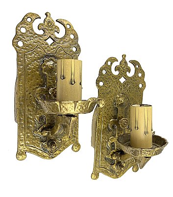Antique Brass English Arts & Crafts Style "Halcolite" Wall Sconce Pair - Circa 1926
