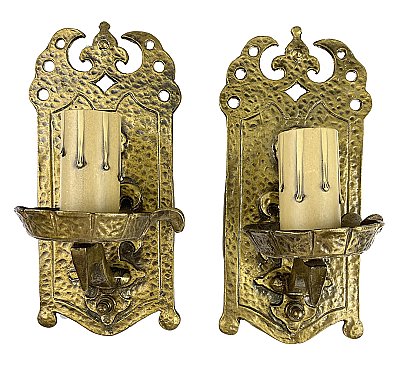 Antique Brass English Arts & Crafts Style "Halcolite" Wall Sconce Pair - Circa 1926