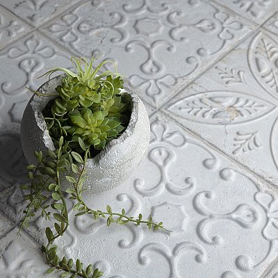 Aevum White Ornato 7-7/8" x 7-7/8" Ceramic Tile - Per Case of 21 Tile - 9.24 Sq. Ft. Per Case