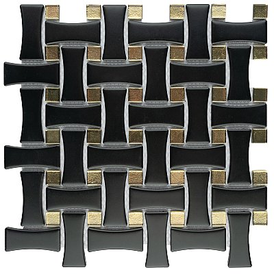 Metro Dog Bone Basketweave Matte Black/Gold Glass Dot 10" x 10" Porcelain Mosaic Tile - 10 Tiles Per Case - 7.1 Sq. Ft.