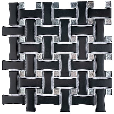 Metro Dog Bone Basketweave Matte Black/Silver Glass Dot 10" x 10" Porcelain Mosaic Tile - 10 Tiles Per Case - 7.1 Sq. Ft.