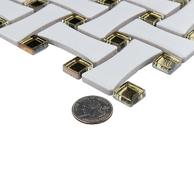 Metro Dog Bone Basketweave Matte White/Gold Glass Dot 10" x 10" Porcelain Mosaic Tile - 10 Tiles Per Case - 7.1 Sq. Ft.