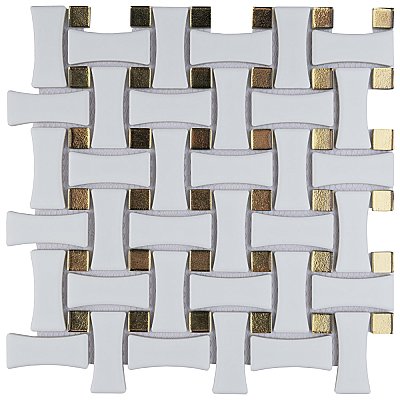 Metro Dog Bone Basketweave Matte White/Gold Glass Dot 10" x 10" Porcelain Mosaic Tile - 10 Tiles Per Case - 7.1 Sq. Ft.
