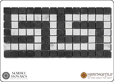 Marble Mosaics Honed Marble Greek Key Tile Sample Card in 'Carrara White' with 'Jet Black'  Dot