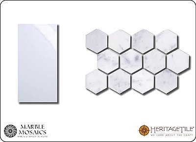 Marble Mosaics Honed Marble 1-1/4" Hexagon Tile Sample Card in 'Carrara White'