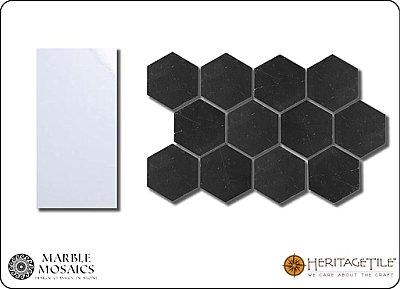 Marble Mosaics Honed Marble 1-1/4" Hexagon Tile Sample Card in 'Jet Black'