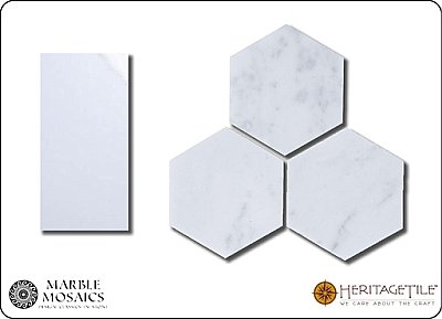 Marble Mosaics Honed Marble 3" Hexagon Tile Sample Card in 'Carrara White'