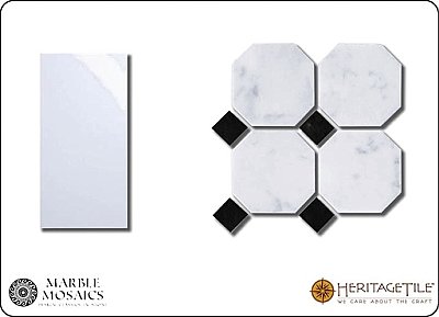 Marble Mosaics Honed Marble Octagon Tile Sample Card in 'Carrara White' with 'Jet Black'  Dot