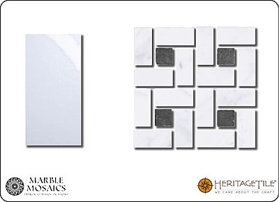 Marble Mosaics Honed Marble Spiral Tile Sample Card in 'Carrara White' with 'Jet Black'  Dot