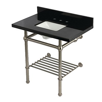 Kingston Brass KVPK36KBSQB8 Templeton 36" Black Granite Console Sink with Brass Legs and Shelf (8-Inch - 3-Hole) - Black Granite/Brushed Nickel