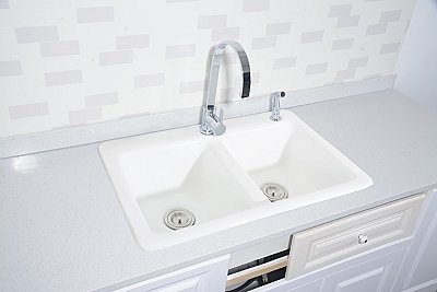 Gourmetier GT33229D2 Petra Galley 33-Inch Cast Iron Double Bowl Drop-In Kitchen Sink, 2-Hole, White