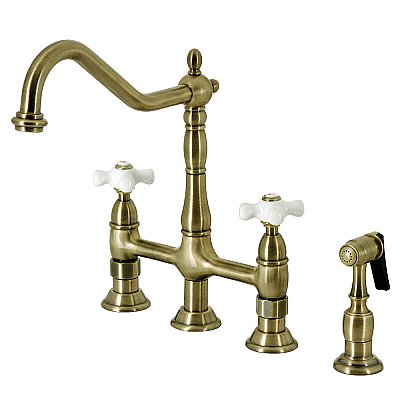 Kingston Brass KS1273PXBS Heritage Bridge Kitchen Faucet with Brass Sprayer, Antique Brass