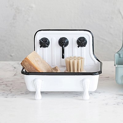 Enamel Metal Sink Soap Dish with Faucet - Black & White