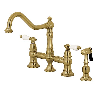 Kingston Brass KS3277PLBS Restoration 8-Inch Bridge Kitchen Faucet with Sprayer, Brushed Brass