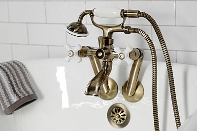 Kingston Brass KS269PXAB Kingston Tub Wall Mount Clawfoot Tub Faucet with Hand Shower, Antique Brass