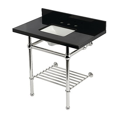 Kingston Brass KVPK36KBSQB6 Templeton 36" Black Granite Console Sink with Brass Legs and Shelf (8-Inch - 3-Hole) - Black Granite/Polished Nickel