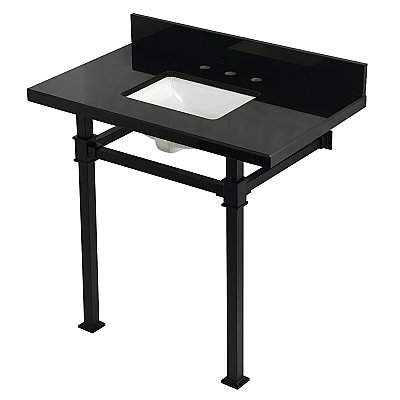 Kingston Brass KVPK36KSQ0 Monarch 36" Black Granite Console Sink with Stainless Steel Legs (8-Inch - 3-Hole) - Black Granite/Matte Black
