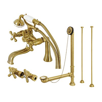 Kingston Brass CCK228SB Vintage Deck Mount Clawfoot Tub Faucet Package with Supply Line, Brushed Brass
