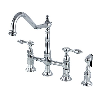 Kingston Brass KS1271TALBS Tudor Bridge Kitchen Faucet with Brass Sprayer, Polished Chrome