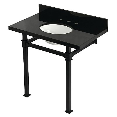 Kingston Brass KVPK36KOQ0 Monarch 36" Black Granite Console Sink with Stainless Steel Legs (8-Inch - 3-Hole) - Black Granite/Matte Black