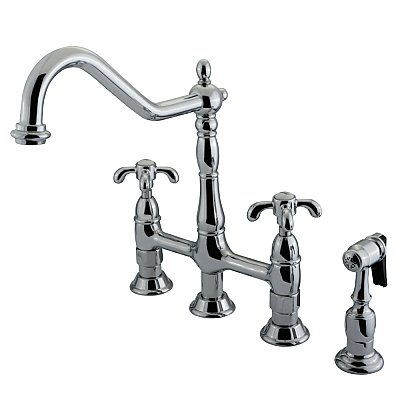 Kingston Brass KS1271TXBS French Country Bridge Kitchen Faucet with Brass Sprayer, Polished Chrome
