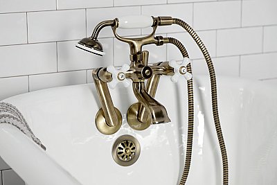 Kingston Brass KS269PXAB Kingston Tub Wall Mount Clawfoot Tub Faucet with Hand Shower, Antique Brass