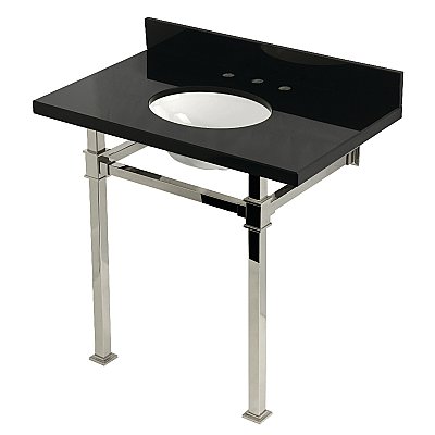 Kingston Brass KVPK36KOQ6 Monarch 36" Black Granite Console Sink with Stainless Steel Legs (8-Inch - 3-Hole) - Black Granite/Polished Nickel