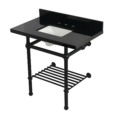 Kingston Brass KVPK36KBSQB0 Templeton 36" Black Granite Console Sink with Brass Legs and Shelf (8-Inch - 3-Hole) - Black Granite/Matte Black