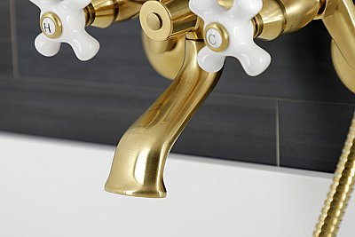 Kingston Brass KS266PXSB Kingston Wall Mount Clawfoot Tub Faucet with Hand Shower, Brushed Brass