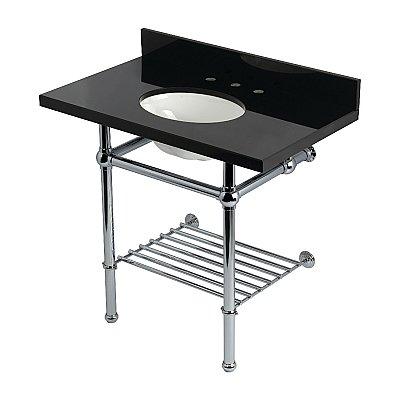 Kingston Brass KVPK36KBB1 Templeton 36" Black Granite Console Sink with Brass Legs and Shelf (8-Inch - 3-Hole) - Black Granite/Polished Chrome