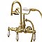 Gooseneck Wall Mount Clawfoot Tub Faucet with Hand Shower - 3-3/8" on Center - Porcelain Lever Handles - Polished Brass