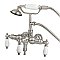 Wall Mount Clawfoot Tub Faucet with Hand Shower - 3-3/8" on Center - Porcelain Lever Handles - Satin Nickel